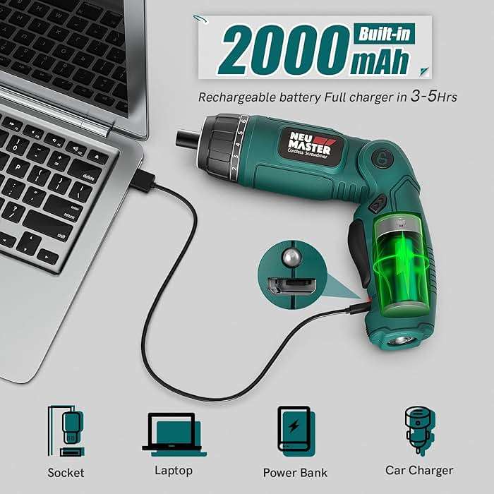 NEU MASTER Cordless Screwdriver, 4V Electric Screwdriver Rechargeable Power Screwdriver With Pivoting Handle, Front And Rear LED light, 32pcs Bits, 6+1 Torque Setting, 2000 mAh Battery Screwdriver - Image 5