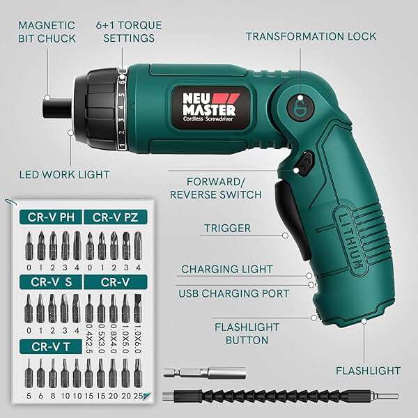 NEU MASTER Cordless Screwdriver, 4V Electric Screwdriver Rechargeable Power Screwdriver With Pivoting Handle, Front And Rear LED light, 32pcs Bits, 6+1 Torque Setting, 2000 mAh Battery Screwdriver - Image 6