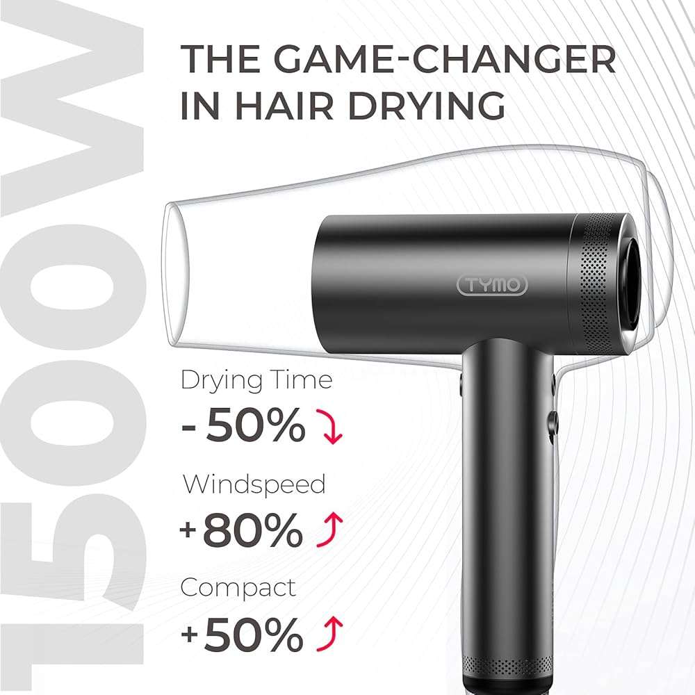 TYMO Blow Dryer with Comb - 1500W Professional High Speed Blow Dryer with Diffuser, 110,000RPM Fast Dry, 200 Million Ionic Diffuser Hairdryer, 4 Temps & 3 Speeds, 8 Ft Cord for Salon, Metal Gray - Image 3