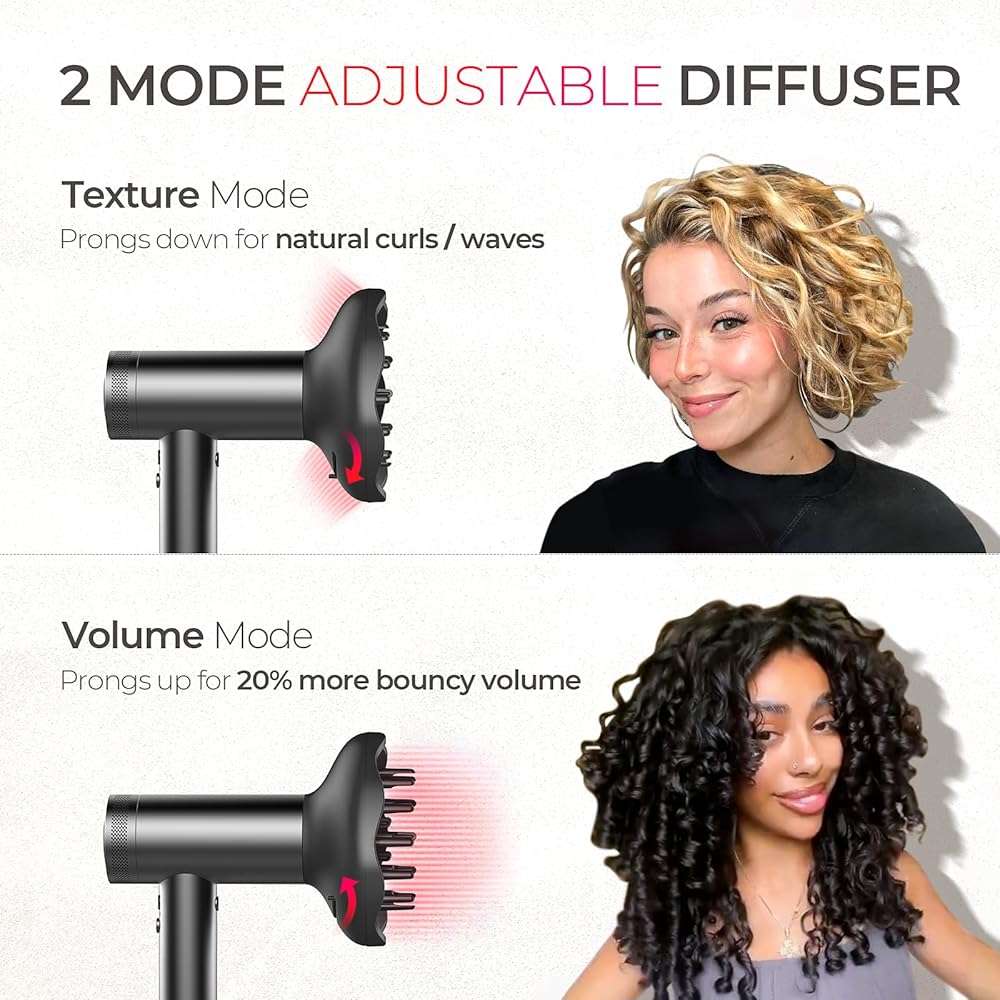 TYMO Blow Dryer with Comb - 1500W Professional High Speed Blow Dryer with Diffuser, 110,000RPM Fast Dry, 200 Million Ionic Diffuser Hairdryer, 4 Temps & 3 Speeds, 8 Ft Cord for Salon, Metal Gray - Image 5