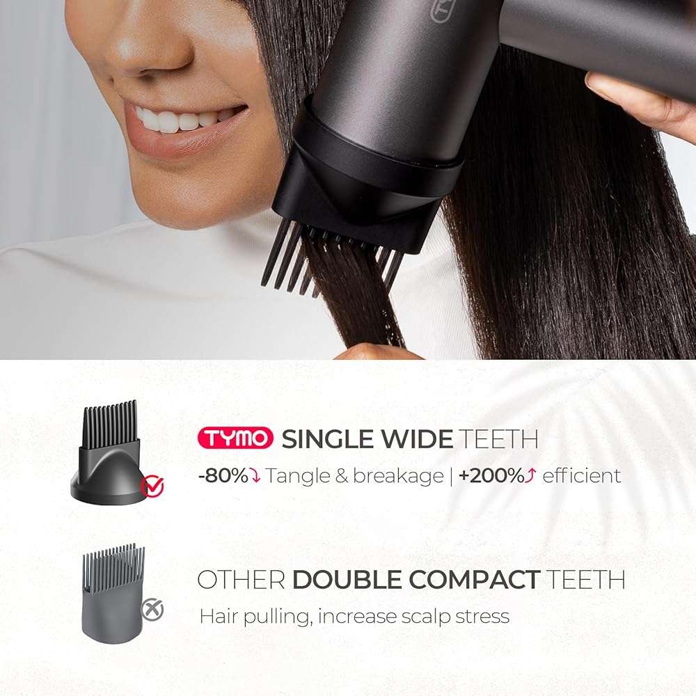 TYMO Blow Dryer with Comb - 1500W Professional High Speed Blow Dryer with Diffuser, 110,000RPM Fast Dry, 200 Million Ionic Diffuser Hairdryer, 4 Temps & 3 Speeds, 8 Ft Cord for Salon, Metal Gray - Image 6