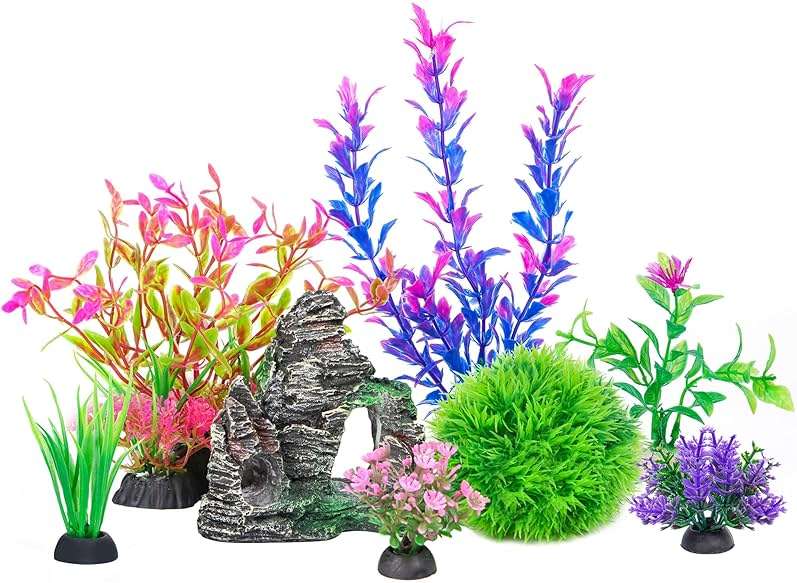 Ameliade Aquarium Artificial Plastic Plants Decorations and Rock Cave Decor Set Goldfish Betta Fish Tank Accessories Small Large Fish Bowl Ornaments - Image 1