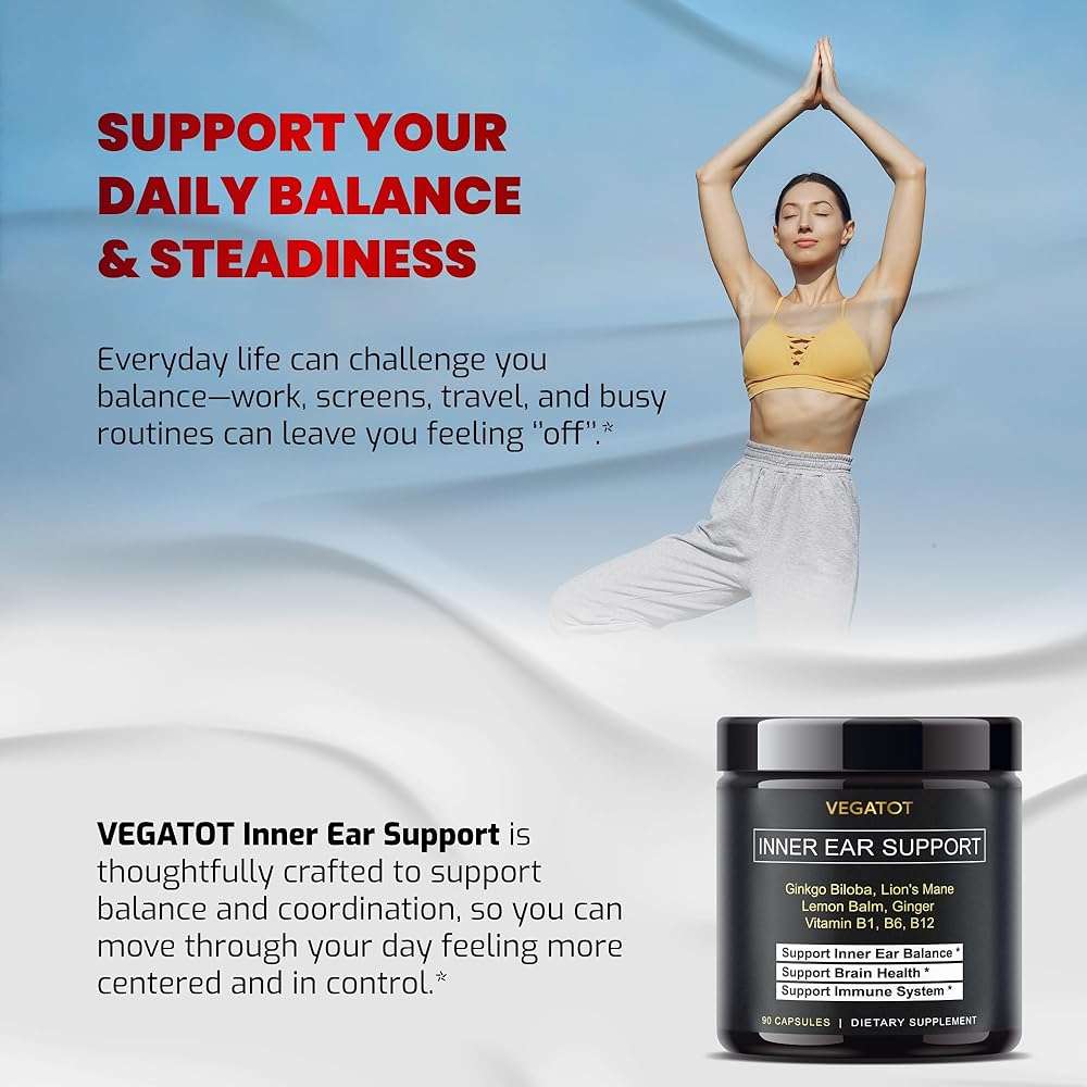 VEGATOT Inner Ear Supplement with Ginkgo Biloba Lion's Mane Lemon Balm Ginger VIT B1, B6, B12- for Dizziness Spinning Inner Ear Balance - Image 2