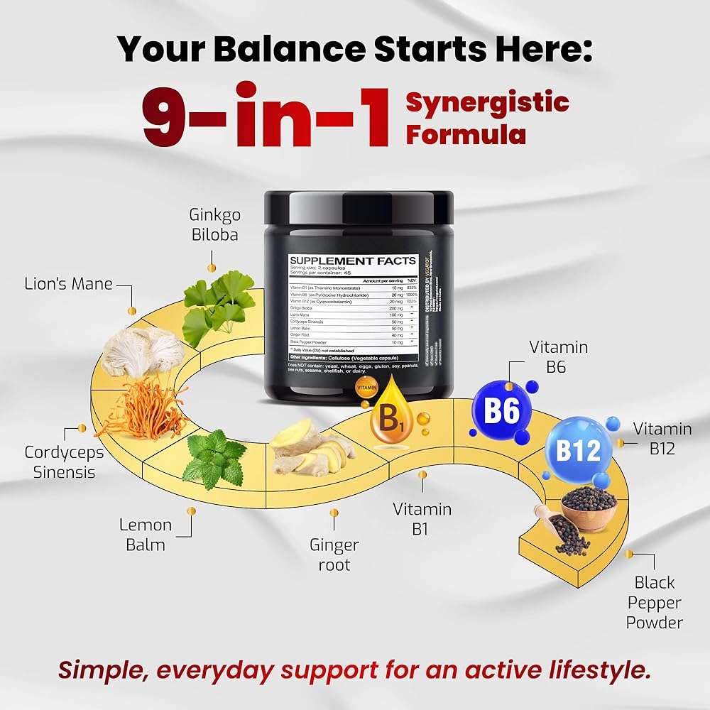 VEGATOT Inner Ear Supplement with Ginkgo Biloba Lion's Mane Lemon Balm Ginger VIT B1, B6, B12- for Dizziness Spinning Inner Ear Balance - Image 3