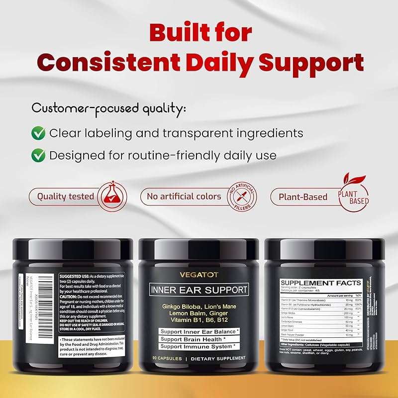 VEGATOT Inner Ear Supplement with Ginkgo Biloba Lion's Mane Lemon Balm Ginger VIT B1, B6, B12- for Dizziness Spinning Inner Ear Balance - Image 8
