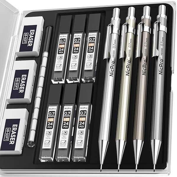 Nicpro 4 Pack Mechanical Pencil 0.7mm with Case, MB1000 Metal Mechanical Pencil Set with 6 Tube HB #2 Lead Refill 0.7 mm, 3PCS 4B Eraser, 9 Cap Eraser for Artist Drafting Writing, Sketching, Drawing - Image 1