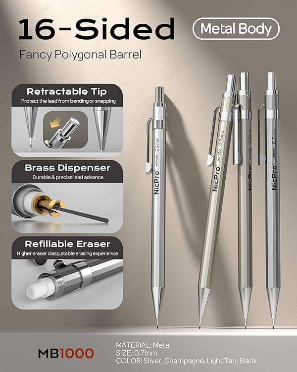 Nicpro 4 Pack Mechanical Pencil 0.7mm with Case, MB1000 Metal Mechanical Pencil Set with 6 Tube HB #2 Lead Refill 0.7 mm, 3PCS 4B Eraser, 9 Cap Eraser for Artist Drafting Writing, Sketching, Drawing - Image 3