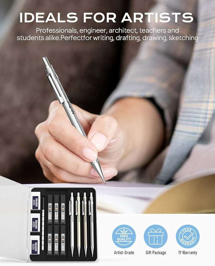 Nicpro 4 Pack Mechanical Pencil 0.7mm with Case, MB1000 Metal Mechanical Pencil Set with 6 Tube HB #2 Lead Refill 0.7 mm, 3PCS 4B Eraser, 9 Cap Eraser for Artist Drafting Writing, Sketching, Drawing - Image 6