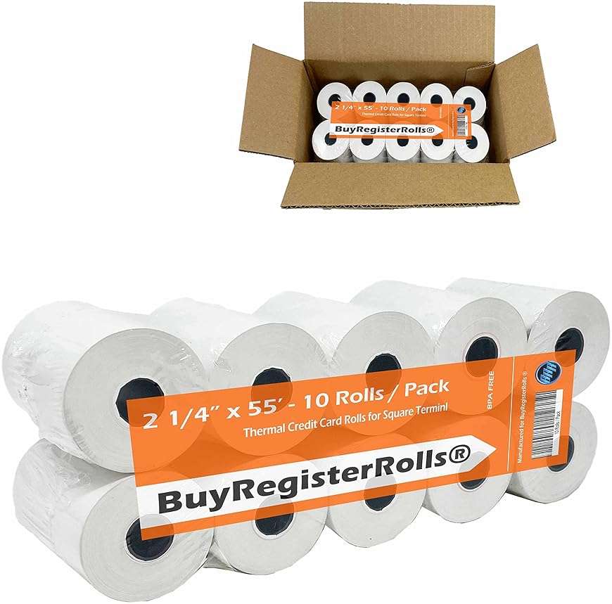 Receipt Paper Roll for Square Terminal Credit Card Machine 2 1/4 x 55 (10 rolls - 48 GSM Paper Thickness) BuyRegisterRolls - Image 1