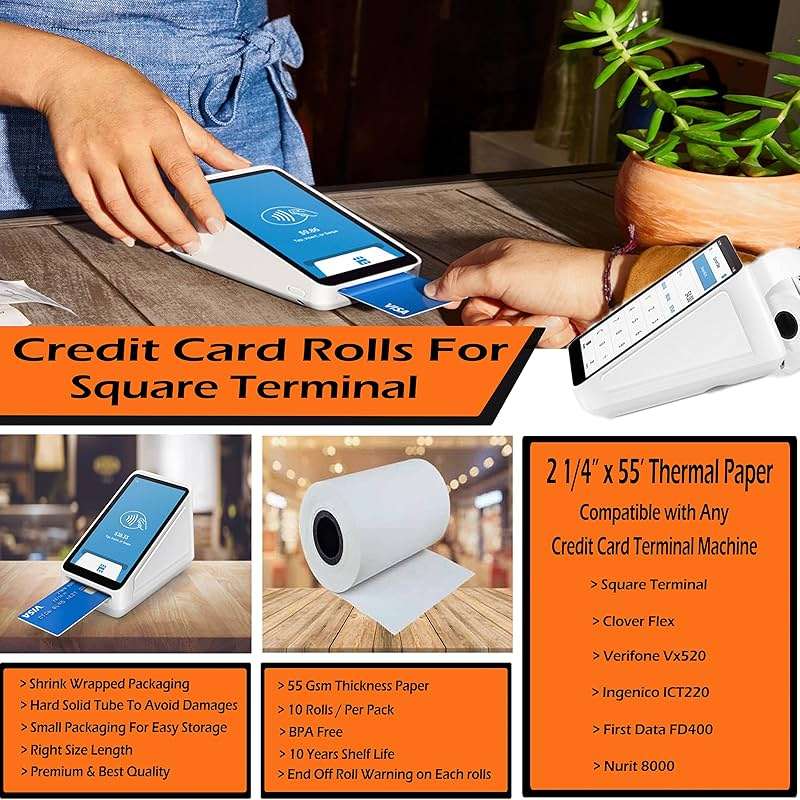 Receipt Paper Roll for Square Terminal Credit Card Machine 2 1/4 x 55 (10 rolls - 48 GSM Paper Thickness) BuyRegisterRolls - Image 3