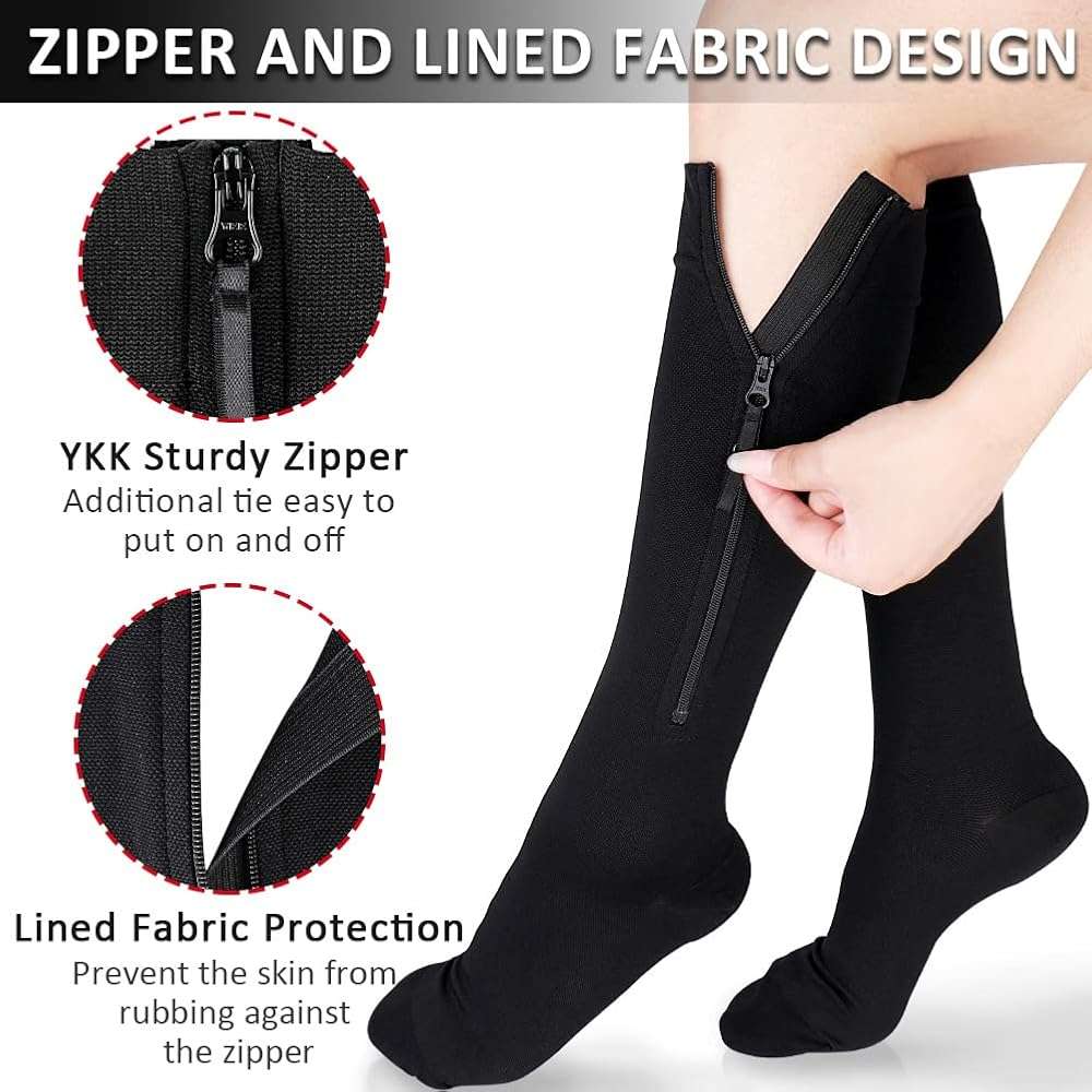 Ailaka Zipper Compression Socks Medical, 15-20 mmHg Knee High Compression Socks for Men Women, Close Toe Support Socks for Varicose Veins, Edema, Recovery, Pregnant, Nurse(Black, XX-Large) - Image 3