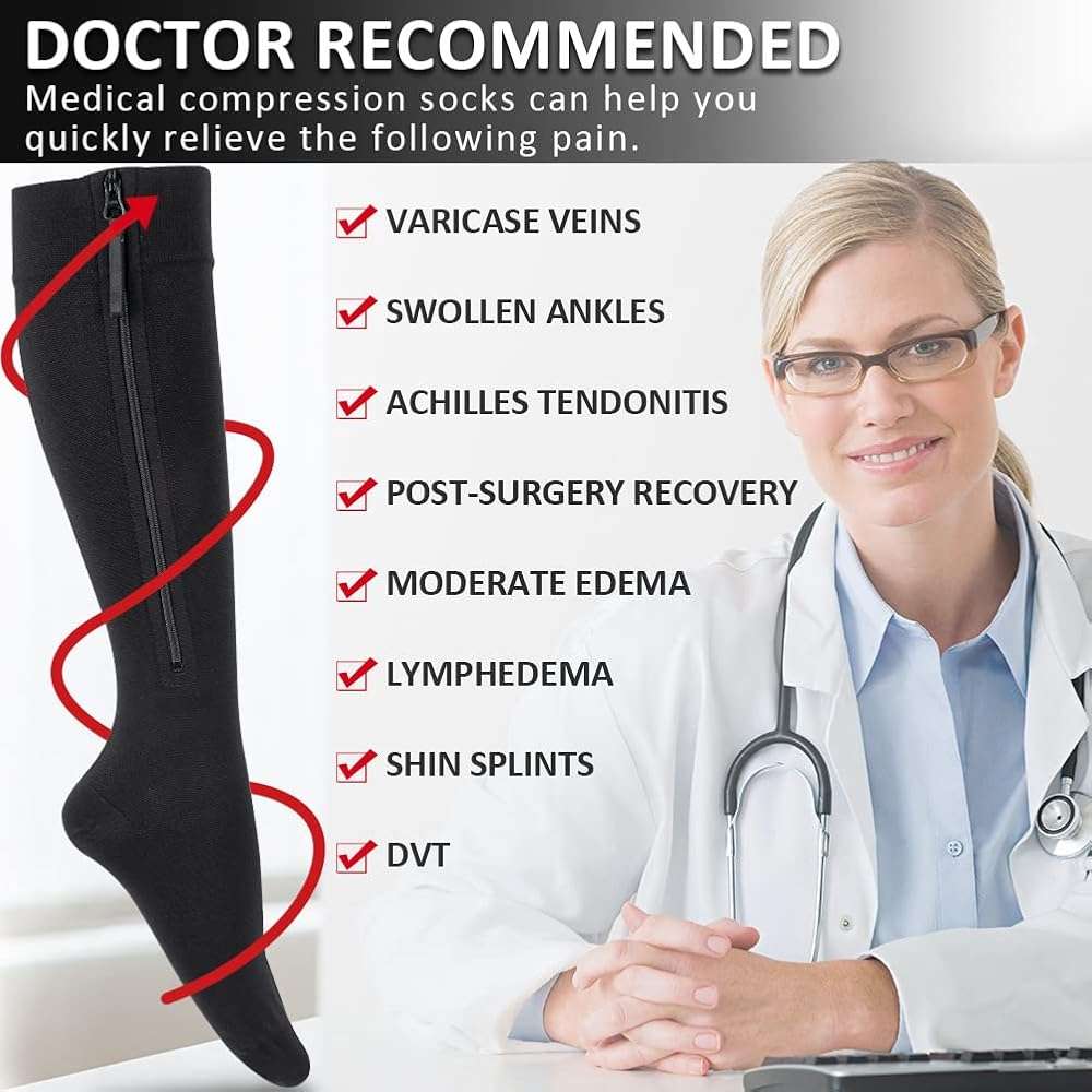 Ailaka Zipper Compression Socks Medical, 15-20 mmHg Knee High Compression Socks for Men Women, Close Toe Support Socks for Varicose Veins, Edema, Recovery, Pregnant, Nurse(Black, XX-Large) - Image 4