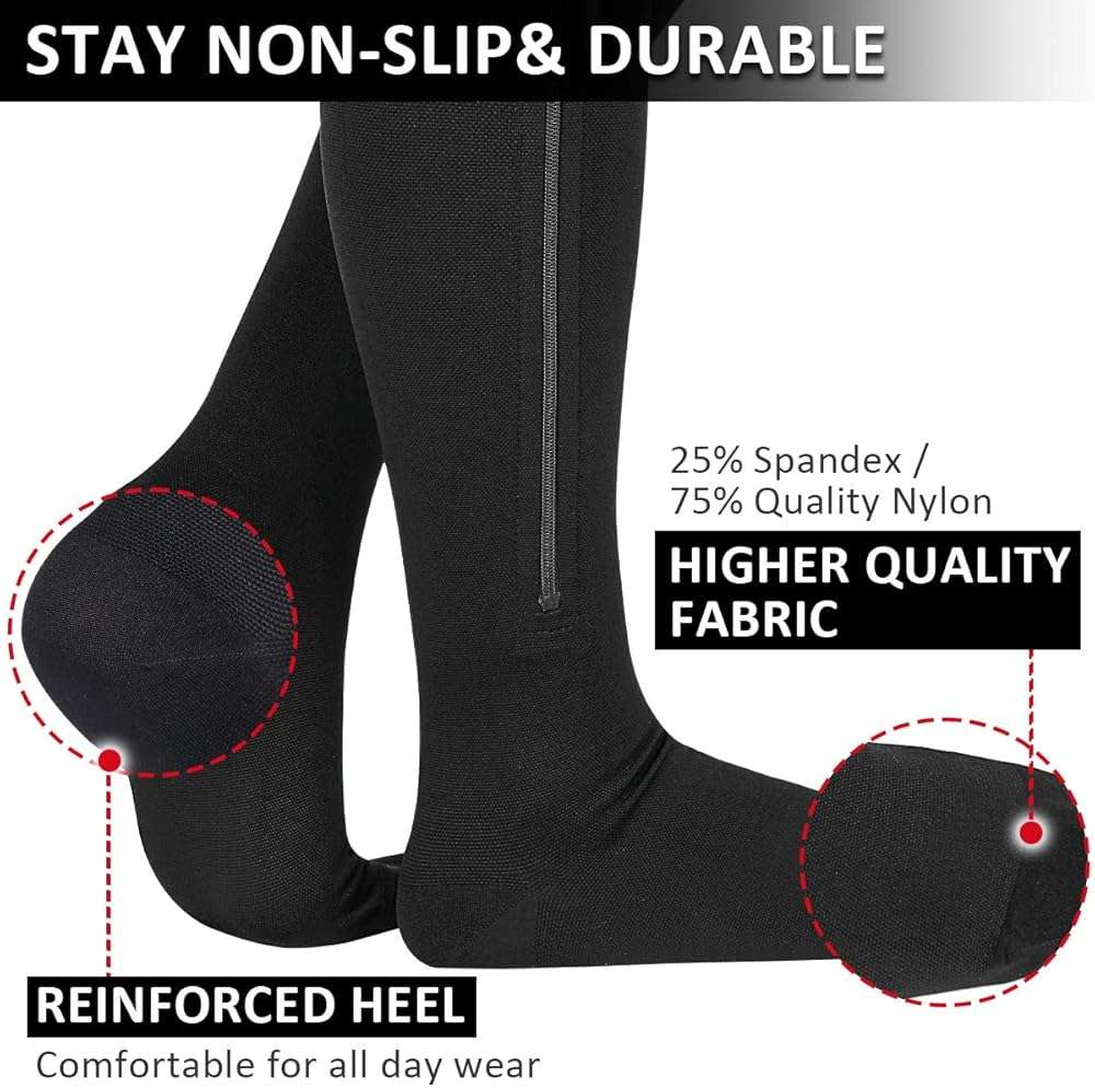 Ailaka Zipper Compression Socks Medical, 15-20 mmHg Knee High Compression Socks for Men Women, Close Toe Support Socks for Varicose Veins, Edema, Recovery, Pregnant, Nurse(Black, XX-Large) - Image 6
