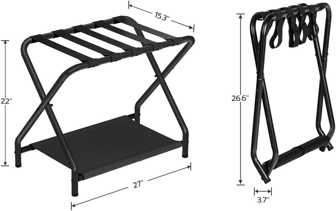 HOOBRO Luggage Rack, Folding Suitcase Stand with Fabric Storage Shelf for Guest Room, Bedroom, Hotel, Holds up to 100 lb, 27 x 15.3 x 22 Inches, Space Saving, Black BK04XL01 - Image 3
