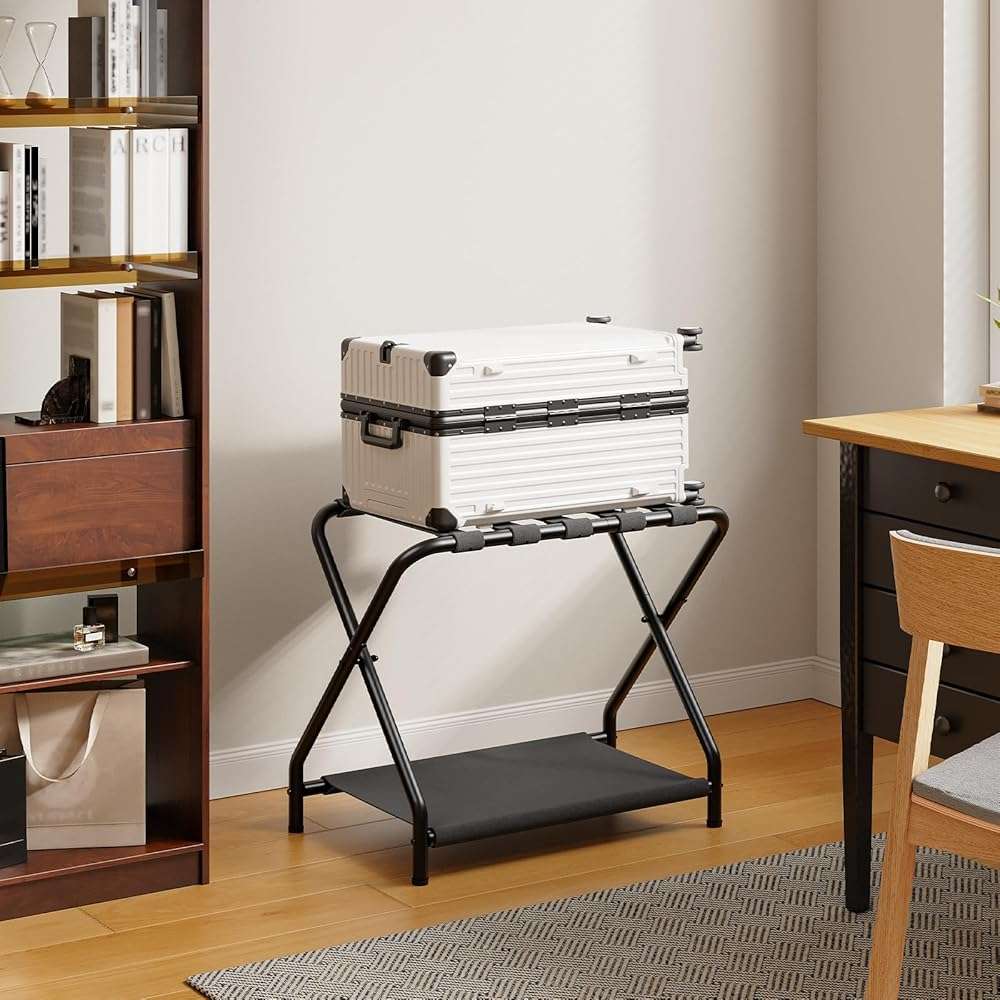 HOOBRO Luggage Rack, Folding Suitcase Stand with Fabric Storage Shelf for Guest Room, Bedroom, Hotel, Holds up to 100 lb, 27 x 15.3 x 22 Inches, Space Saving, Black BK04XL01 - Image 5