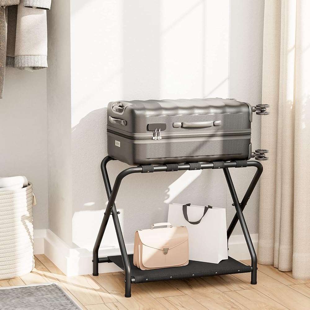 HOOBRO Luggage Rack, Folding Suitcase Stand with Fabric Storage Shelf for Guest Room, Bedroom, Hotel, Holds up to 100 lb, 27 x 15.3 x 22 Inches, Space Saving, Black BK04XL01 - Image 6