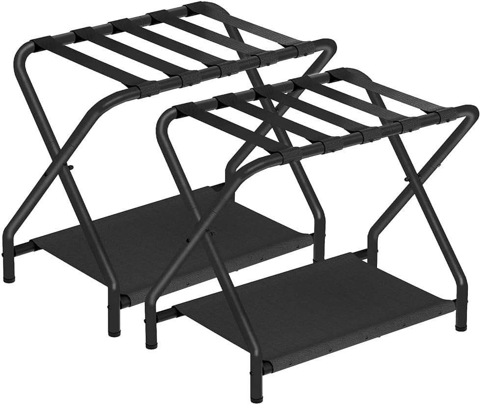 HOOBRO Luggage Rack, Pack of 2, Folding Suitcase Stand with Fabric Storage Shelf for Guest Room, Bedroom, Hotel, Holds up to 100 lb, 27 x 15.3 x 22 Inches, Space Saving, Black BK04XLP201 - Image 1