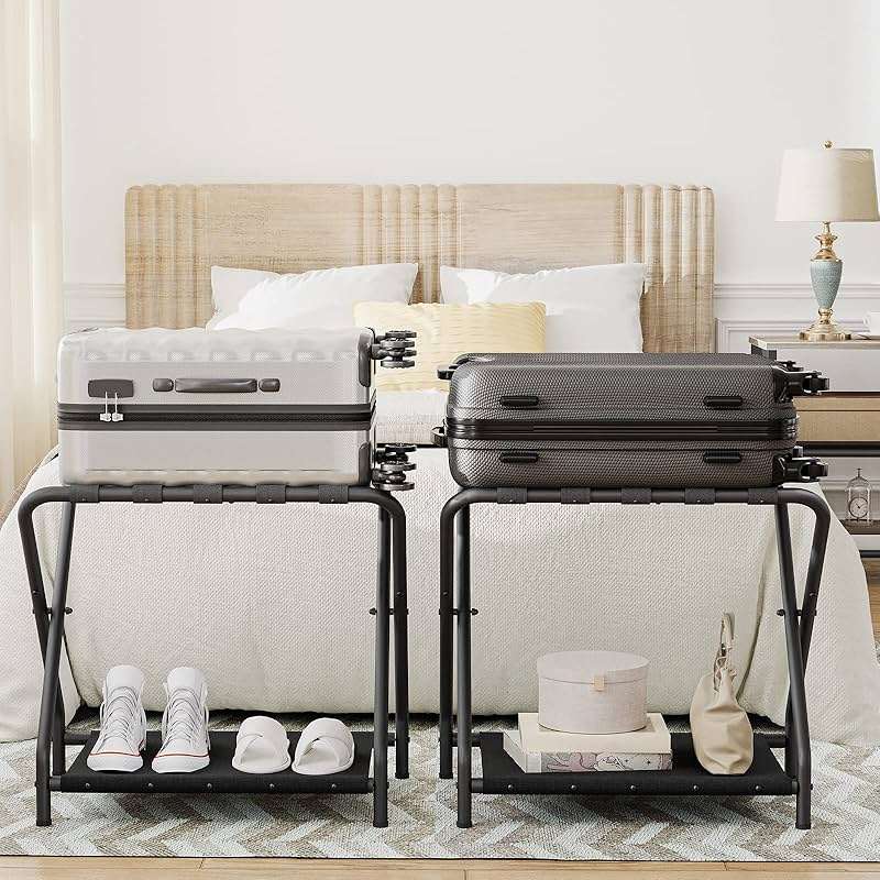 HOOBRO Luggage Rack, Pack of 2, Folding Suitcase Stand with Fabric Storage Shelf for Guest Room, Bedroom, Hotel, Holds up to 100 lb, 27 x 15.3 x 22 Inches, Space Saving, Black BK04XLP201 - Image 2