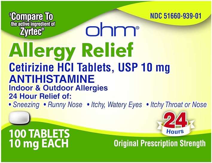 Ohm Cetirizine 10 mg, All Day Allergy Relief (100 Count) Antihistamine Tablets for Indoor & Outdoor Allergies, Hives, Hay Fever, Sneezing, Runny Nose, Itchy Nose or Throat, Dry Itchy Eyes - Image 1