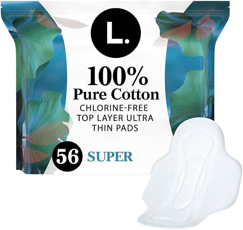 L. Ultra Thin Pads for Women, Super Absorbency, 100% Pure Cotton Top Layer, Unscented Pads with Wings, 56 Count Total - Image 1