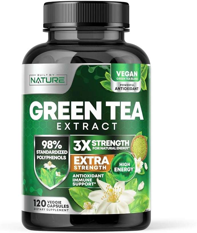 Built by Nature Green Tea Extract 1000mg – High Potency Supplement with 98% Polyphenols, 75% Catechins & 45% EGCG – Natural Energy Support – Non-GMO – 120 Capsules - Image 1