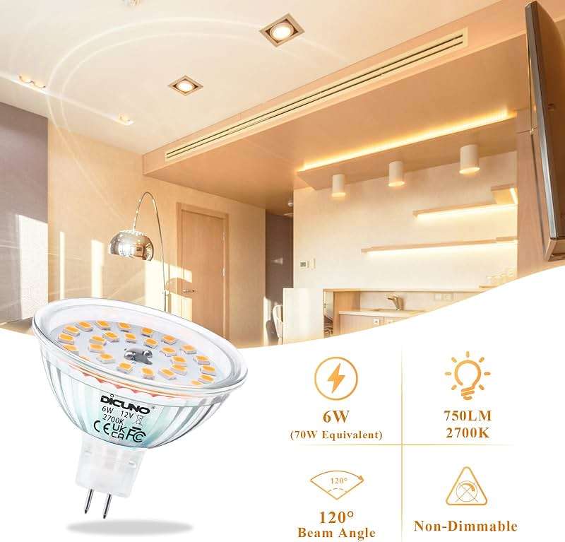 DiCUNO MR16 LED Bulbs 6W, 750LM 70W Halogen Equivalent, GU5.3 Bi-Pin Base Light Bulb 2700K Warm White, 12V Non-Dimmable 120 Degree Beam Angle, Replacement for Spotlight, Tracking Lighting, 6 Packs - Image 2