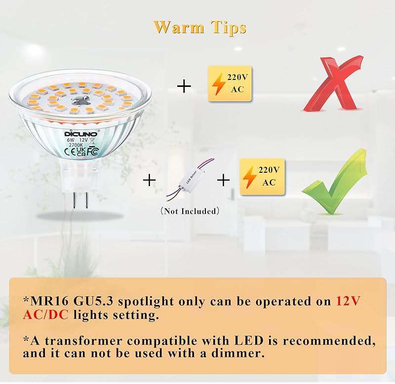 DiCUNO MR16 LED Bulbs 6W, 750LM 70W Halogen Equivalent, GU5.3 Bi-Pin Base Light Bulb 2700K Warm White, 12V Non-Dimmable 120 Degree Beam Angle, Replacement for Spotlight, Tracking Lighting, 6 Packs - Image 5