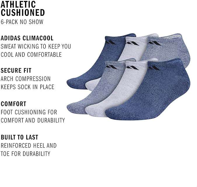 adidas Men's Athletic Cushioned No Show Socks (6 Pairs) Durable & Comfortable - Image 2