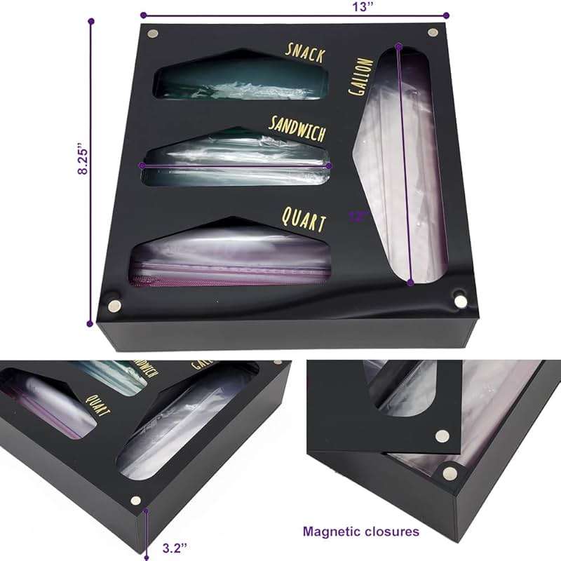 OnDisplay Luxe Acrylic Kitchen Drawer Zip Food Storage Bag Organizer - Food Baggie Holder for Snack/Sandwich/Quart/Gallon Sizes - Compatible with Ziploc, Hefty & Glad (Black) - Image 2