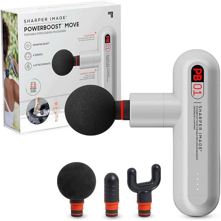 Sharper Image Powerboost Move - Mini Percussion Massage Gun| 4 Attachments, 4 Speeds, FSA Eligible| Full Body Back & Shoulder Massager| Deep Tissue Muscle Recovery| Portable Pain Relief Massage Tool - Image 1