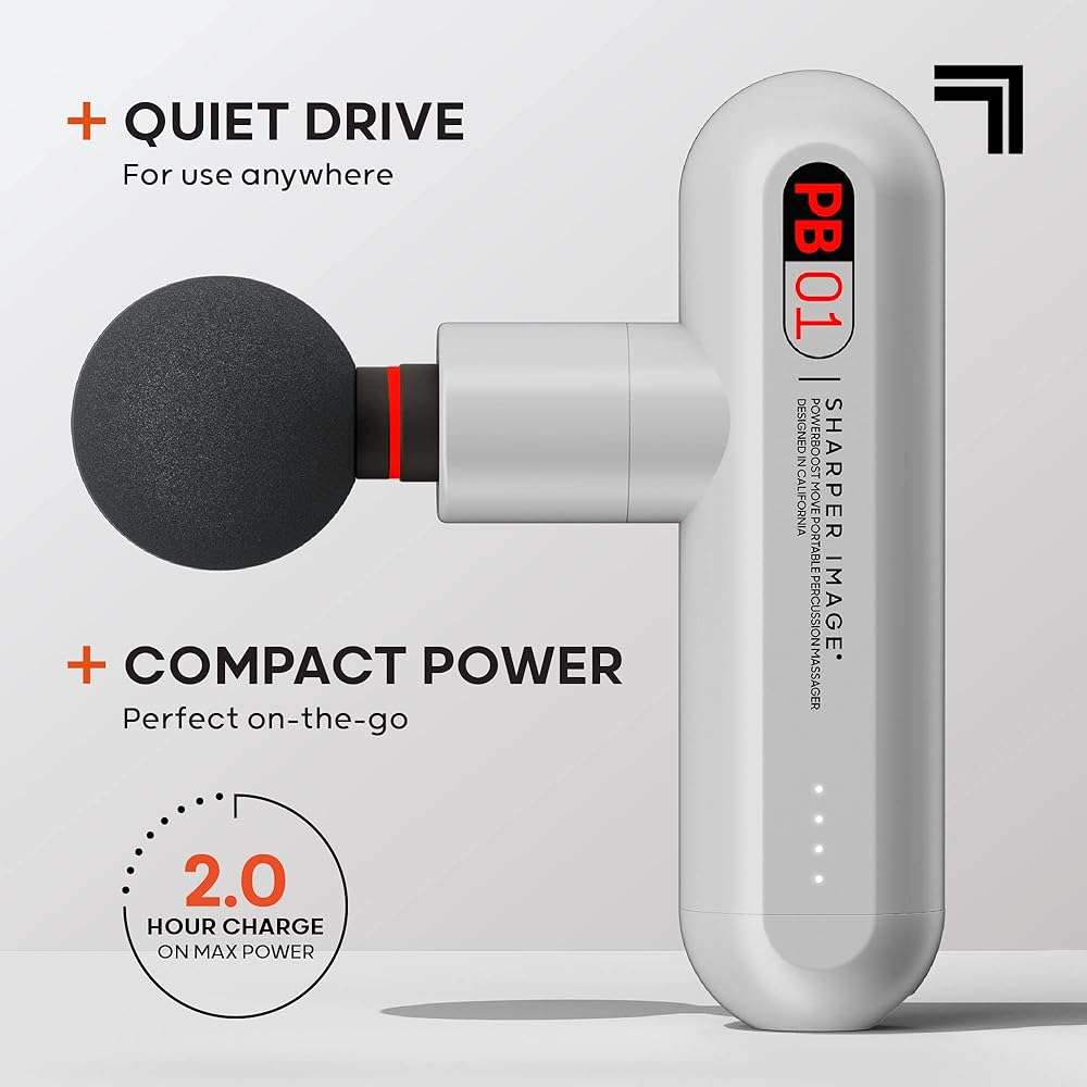 Sharper Image Powerboost Move - Mini Percussion Massage Gun| 4 Attachments, 4 Speeds, FSA Eligible| Full Body Back & Shoulder Massager| Deep Tissue Muscle Recovery| Portable Pain Relief Massage Tool - Image 3