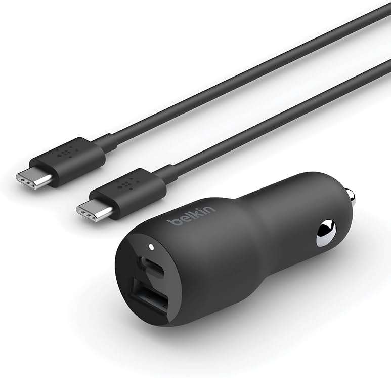 Belkin 37W Dual Port Fast Car Charger with 3.3ft USB-C Cable Included, USB-C 25W PPS Port and USB-A 12W Port for Galaxy S23, S23+, Ultra, Note20, iPhone 14, 13, 12, 11, Pro, Max, Mini and More - Image 1
