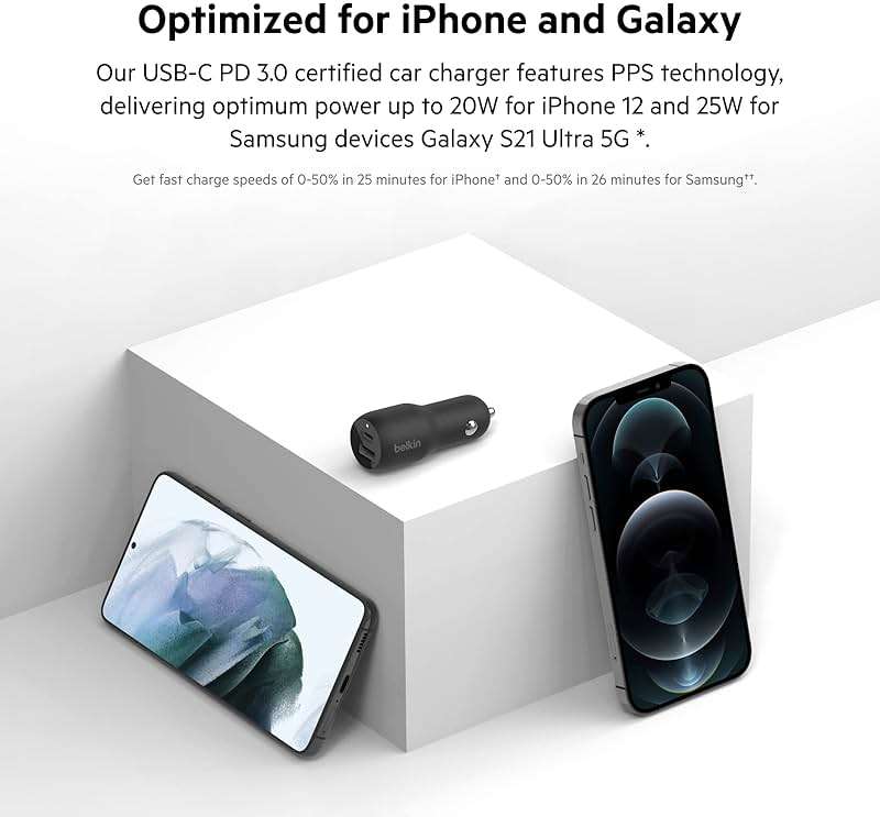 Belkin 37W Dual Port Fast Car Charger with 3.3ft USB-C Cable Included, USB-C 25W PPS Port and USB-A 12W Port for Galaxy S23, S23+, Ultra, Note20, iPhone 14, 13, 12, 11, Pro, Max, Mini and More - Image 2