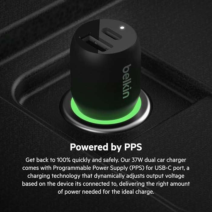 Belkin 37W Dual Port Fast Car Charger with 3.3ft USB-C Cable Included, USB-C 25W PPS Port and USB-A 12W Port for Galaxy S23, S23+, Ultra, Note20, iPhone 14, 13, 12, 11, Pro, Max, Mini and More - Image 4