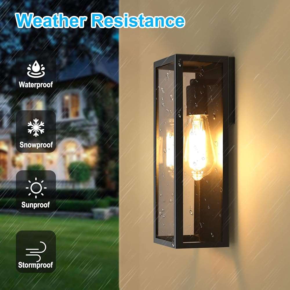 2-Pack Outdoor Wall Lanterns, Exterior Waterproof Wall Sconce with Glass Shades, Matte Black Porch Lights Wall Mounted, Anti-Rust E26 Modern Wall Lighting Fixtures for Patio Garage Entryway Front Door - Image 2