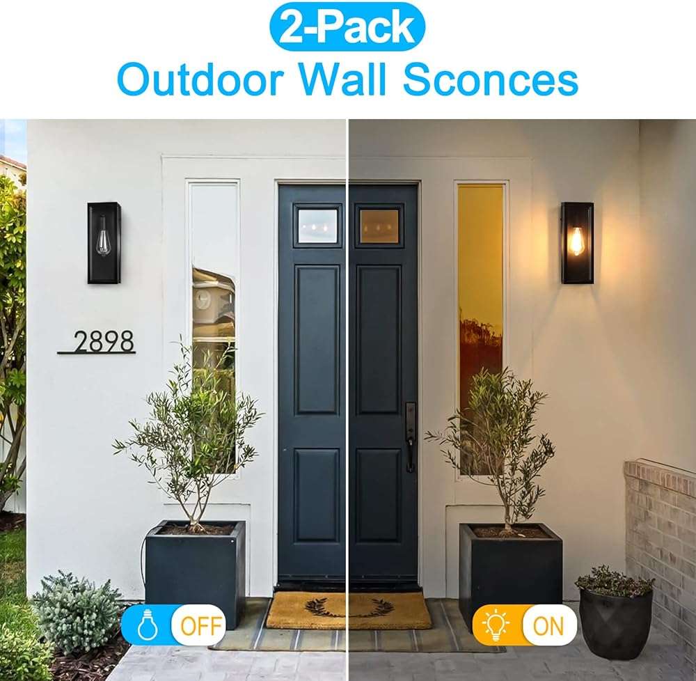 2-Pack Outdoor Wall Lanterns, Exterior Waterproof Wall Sconce with Glass Shades, Matte Black Porch Lights Wall Mounted, Anti-Rust E26 Modern Wall Lighting Fixtures for Patio Garage Entryway Front Door - Image 5