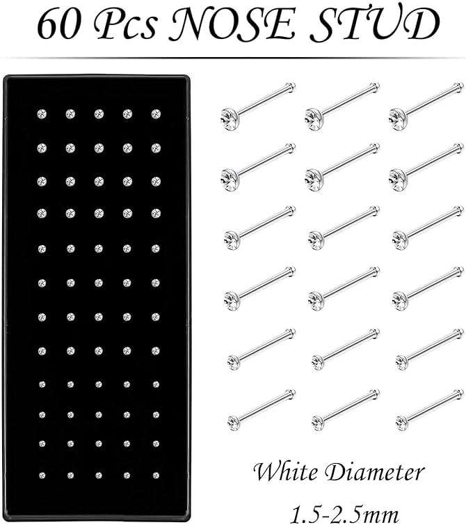 OMAIGAR Nose Rings Studs, 60pcs Straight or L-Shaped or Screw Nose Studs for Women Men, Surgical Stainless Steel Hypoallergenic Nose Piercing Jewelry 1.5/2/2.5mm Size Rhinestone and Ideal Gift - Image 2
