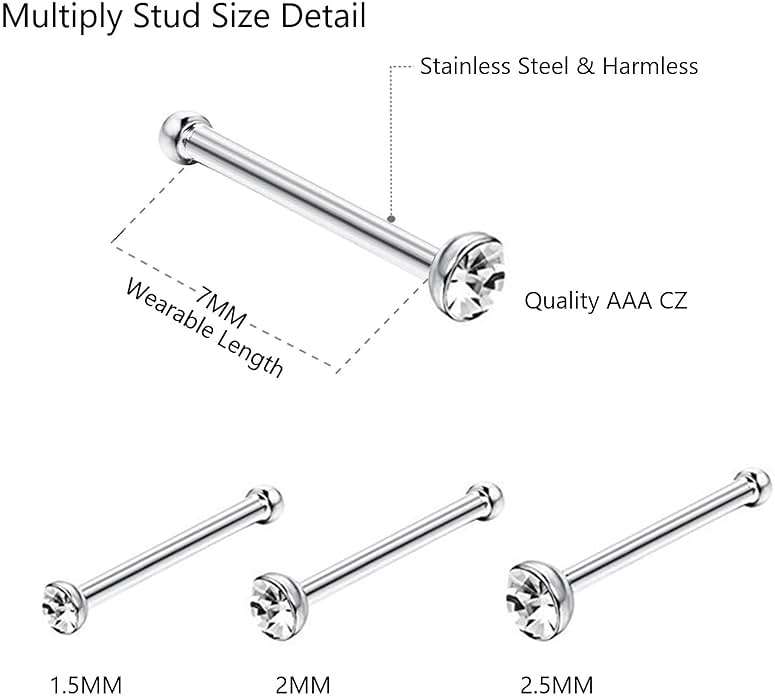 OMAIGAR Nose Rings Studs, 60pcs Straight or L-Shaped or Screw Nose Studs for Women Men, Surgical Stainless Steel Hypoallergenic Nose Piercing Jewelry 1.5/2/2.5mm Size Rhinestone and Ideal Gift - Image 4