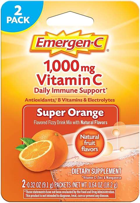 Emergen-C 1000mg Vitamin C Powder for Daily Immune Support Caffeine Free Vitamin C Supplements with Zinc and Manganese, B Vitamins and Electrolytes, Super Orange Flavor - 2 Count - Image 1