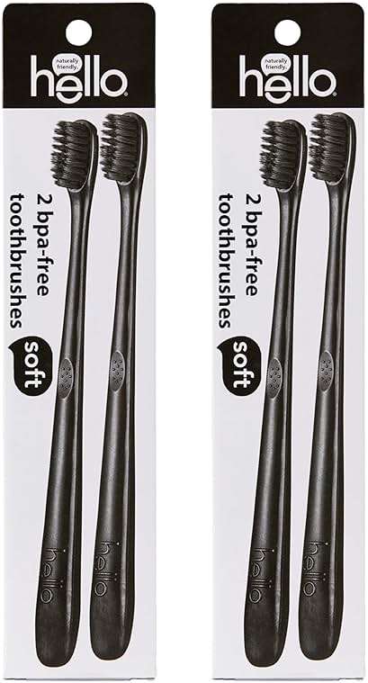 Hello Soft Bristle Adult Charcoal Toothbrush Pack, BPA-Free Soft Toothbrushes with Charcoal Infused Bristles, Gentle on Gums and Teeth, Ergonomic Handle Made with Plant-Based Materials, Black, 4 Pack - Image 1