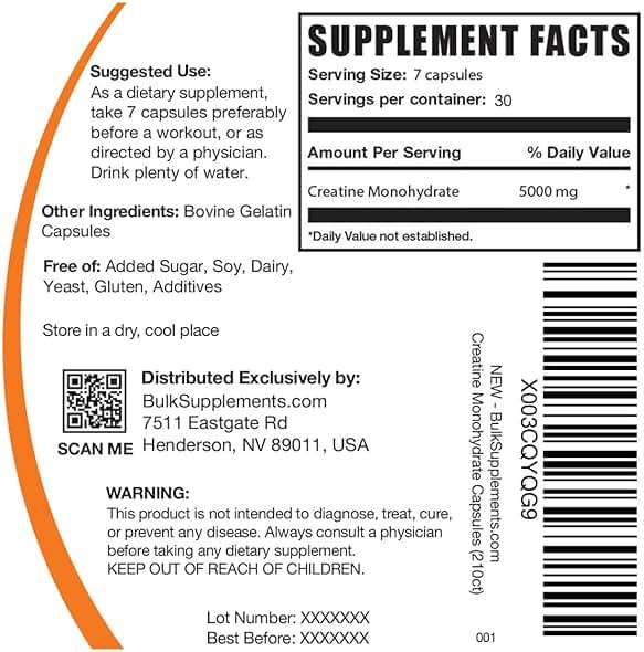 BulkSupplements.com Creatine Monohydrate Capsules - Micronized Creatine Monohydrate, Sports Nutrition - 7 Capsules per Serving, 5000mg, Gluten Free, 210 Count (Pack of 1) - Image 6