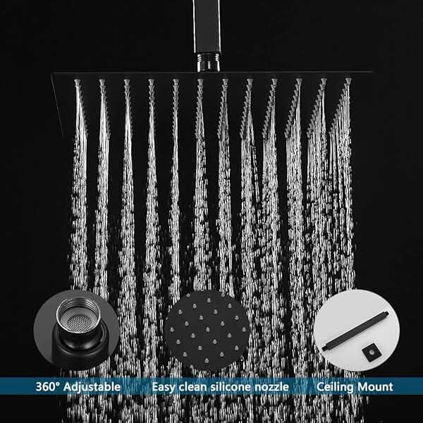 JingGang 12 Inch Ceiling Mount Matte Black Shower System Bathroom Luxury Rain Mixer Shower Combo Set Ceiling Rainfall Shower Head System (Contain Shower Faucet Rough-in Valve Body and Trim Kit) - Image 4