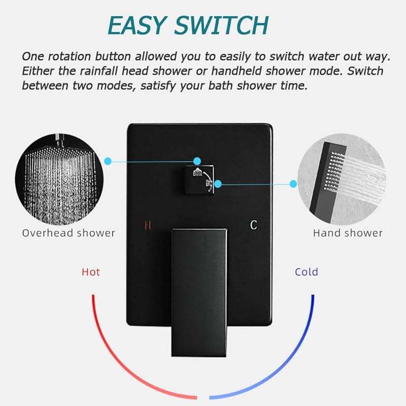 JingGang 12 Inch Ceiling Mount Matte Black Shower System Bathroom Luxury Rain Mixer Shower Combo Set Ceiling Rainfall Shower Head System (Contain Shower Faucet Rough-in Valve Body and Trim Kit) - Image 5
