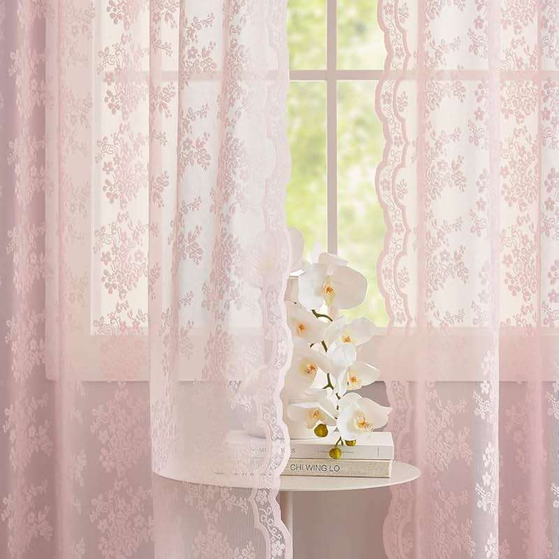 YJ YANJUN Vintage Lace Curtains 63 Inches Length- Cute Sheer Pink Curtains for Girls Bedroom Light Pink Floral Short Window Drapes Princess Girls Room Coquette Decor 2 Panels 52 x63 Inch - Image 3