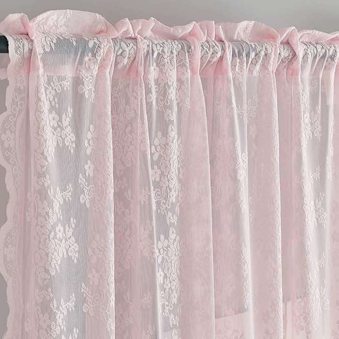 YJ YANJUN Vintage Lace Curtains 63 Inches Length- Cute Sheer Pink Curtains for Girls Bedroom Light Pink Floral Short Window Drapes Princess Girls Room Coquette Decor 2 Panels 52 x63 Inch - Image 4