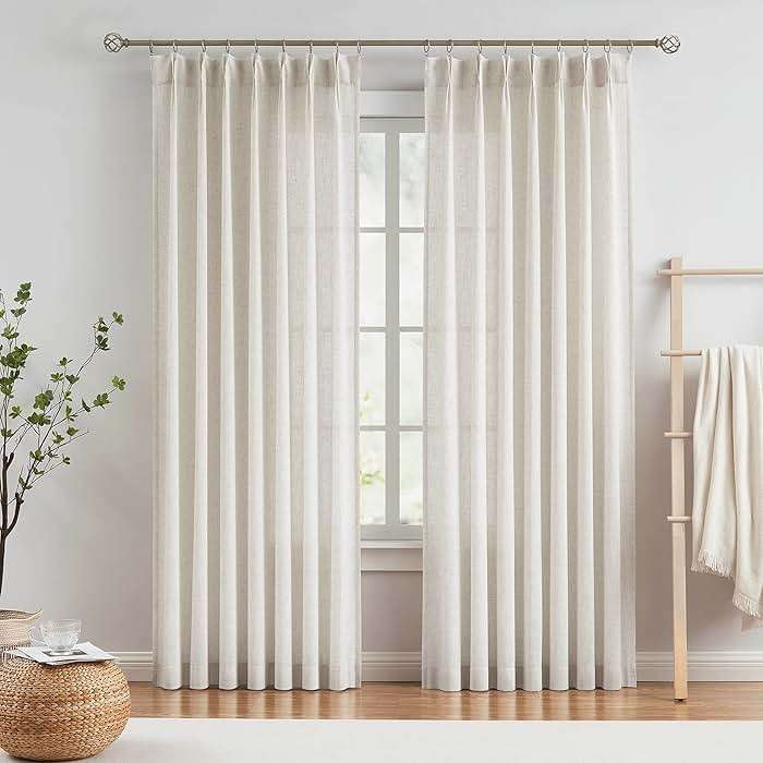 Vision Home Natural Pinch Pleated Semi Sheer Curtains Textured Linen Blended Light Filtering Window Curtains 84 inch for Living Room Bedroom Pinch Pleat Drapes with Hooks 2 Panels 42" Wx84 L - Image 1