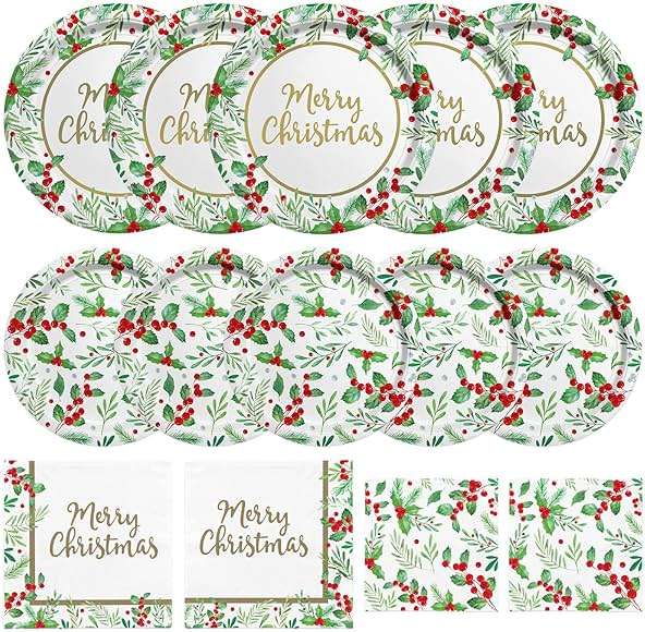 Christmas Party Supplies, Serve 50, Christmas Seasonal Holly Tableware Includes: Paper Dinner Plates, Dessert Plates, Luncheon Napkins and Beverage napkins, Great for Party Decorations - Image 1