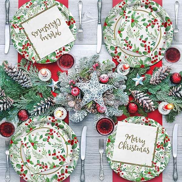 Christmas Party Supplies, Serve 50, Christmas Seasonal Holly Tableware Includes: Paper Dinner Plates, Dessert Plates, Luncheon Napkins and Beverage napkins, Great for Party Decorations - Image 2