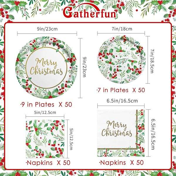 Christmas Party Supplies, Serve 50, Christmas Seasonal Holly Tableware Includes: Paper Dinner Plates, Dessert Plates, Luncheon Napkins and Beverage napkins, Great for Party Decorations - Image 3