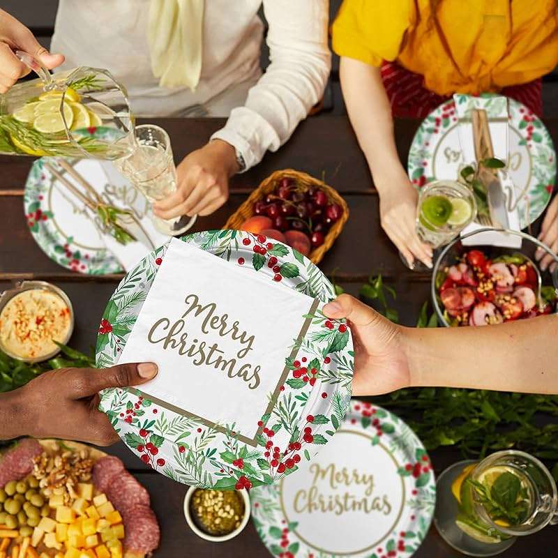 Christmas Party Supplies, Serve 50, Christmas Seasonal Holly Tableware Includes: Paper Dinner Plates, Dessert Plates, Luncheon Napkins and Beverage napkins, Great for Party Decorations - Image 5